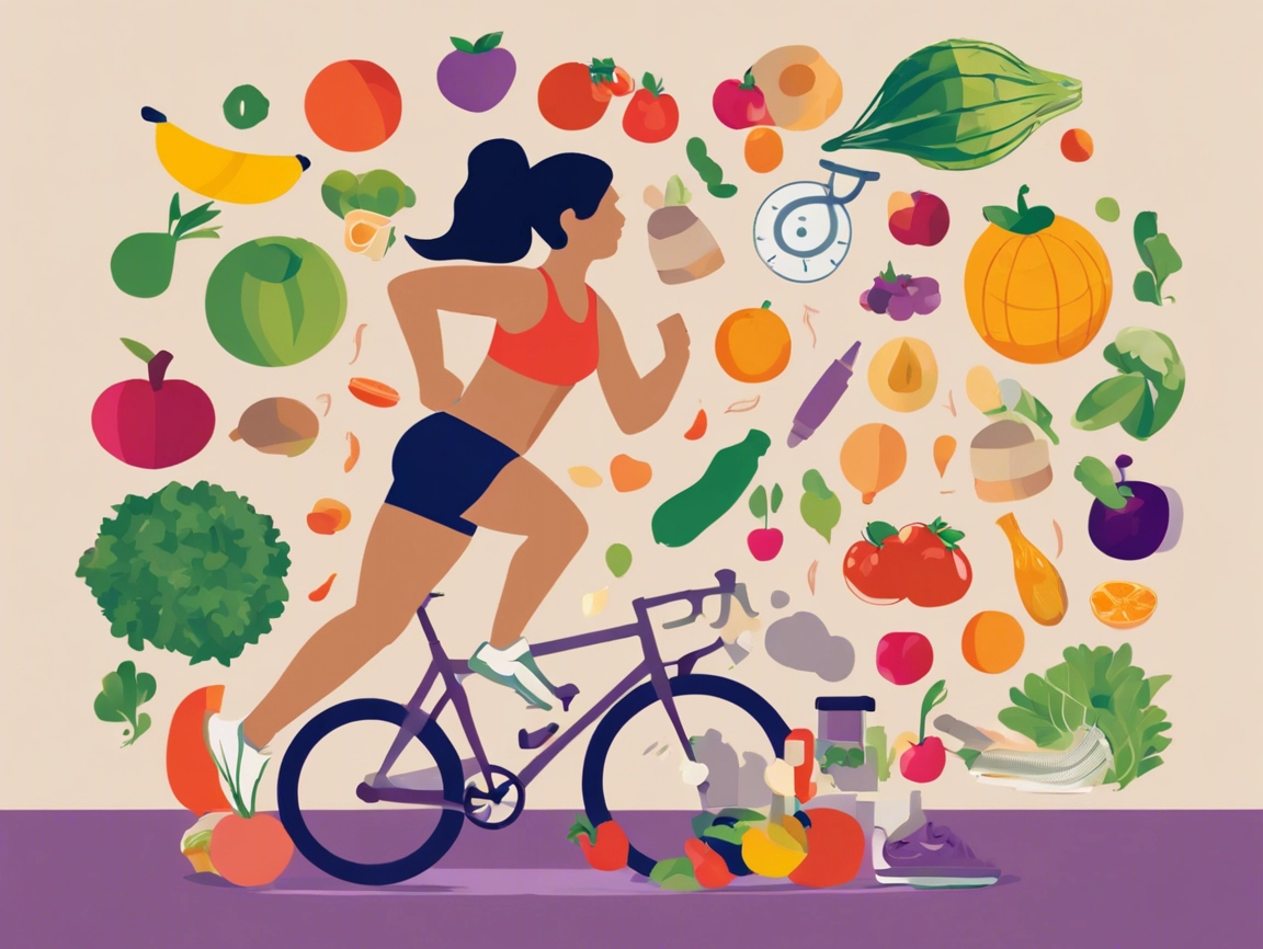 a lady on a bike with healthy foods surrounding her